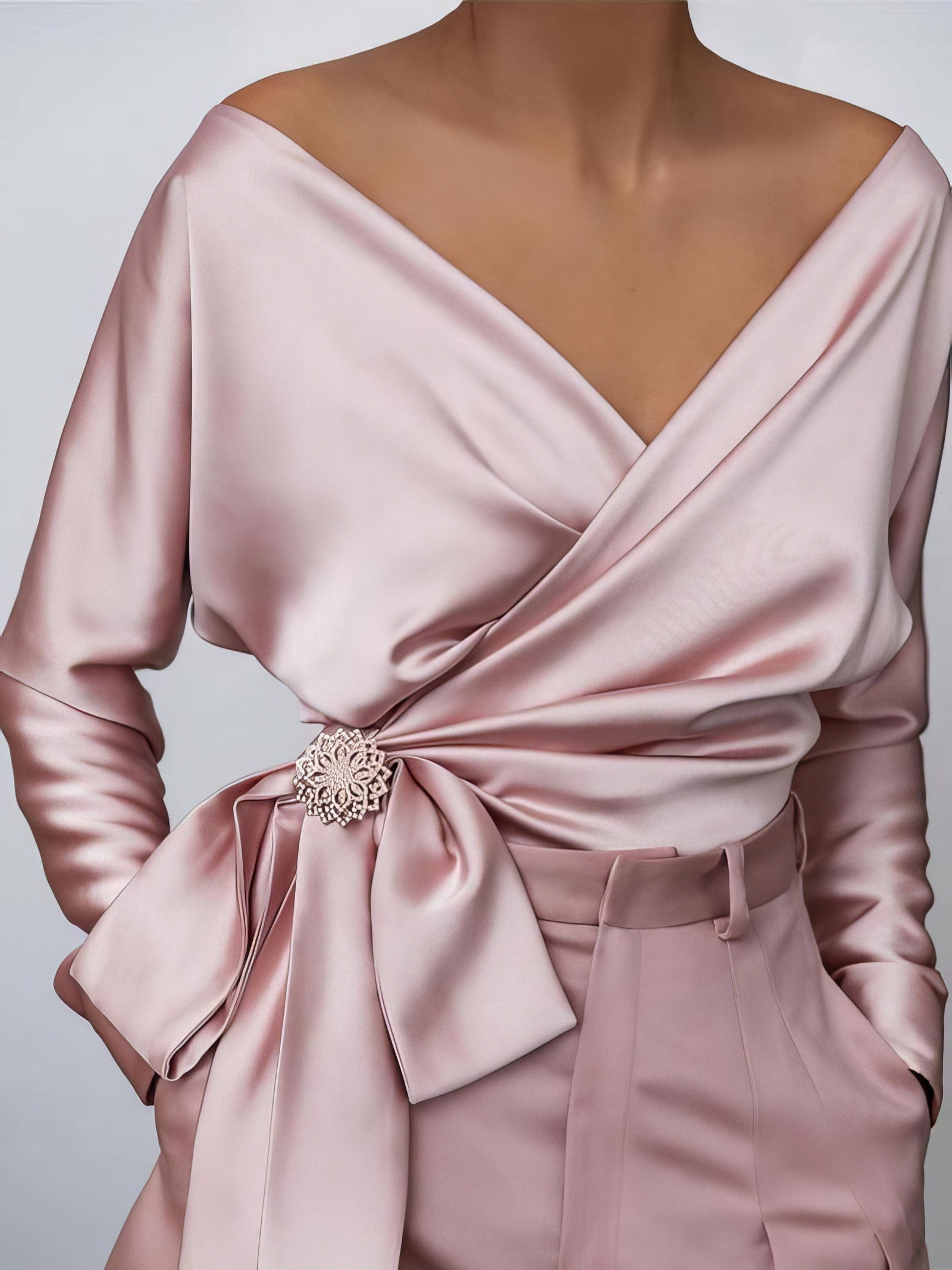 Fashionable Satin Blouse with Bow Accent