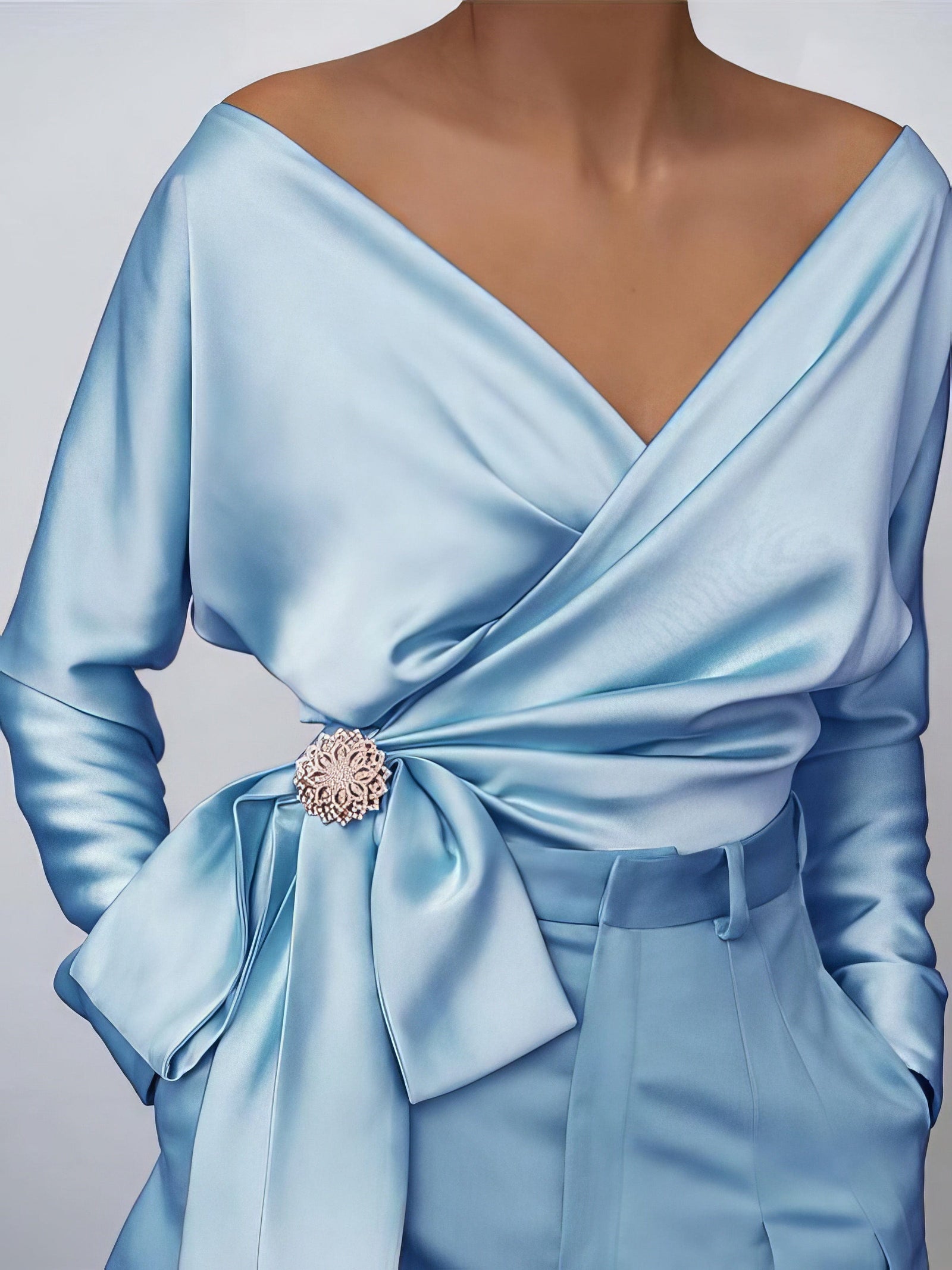 Fashionable Satin Blouse with Bow Accent
