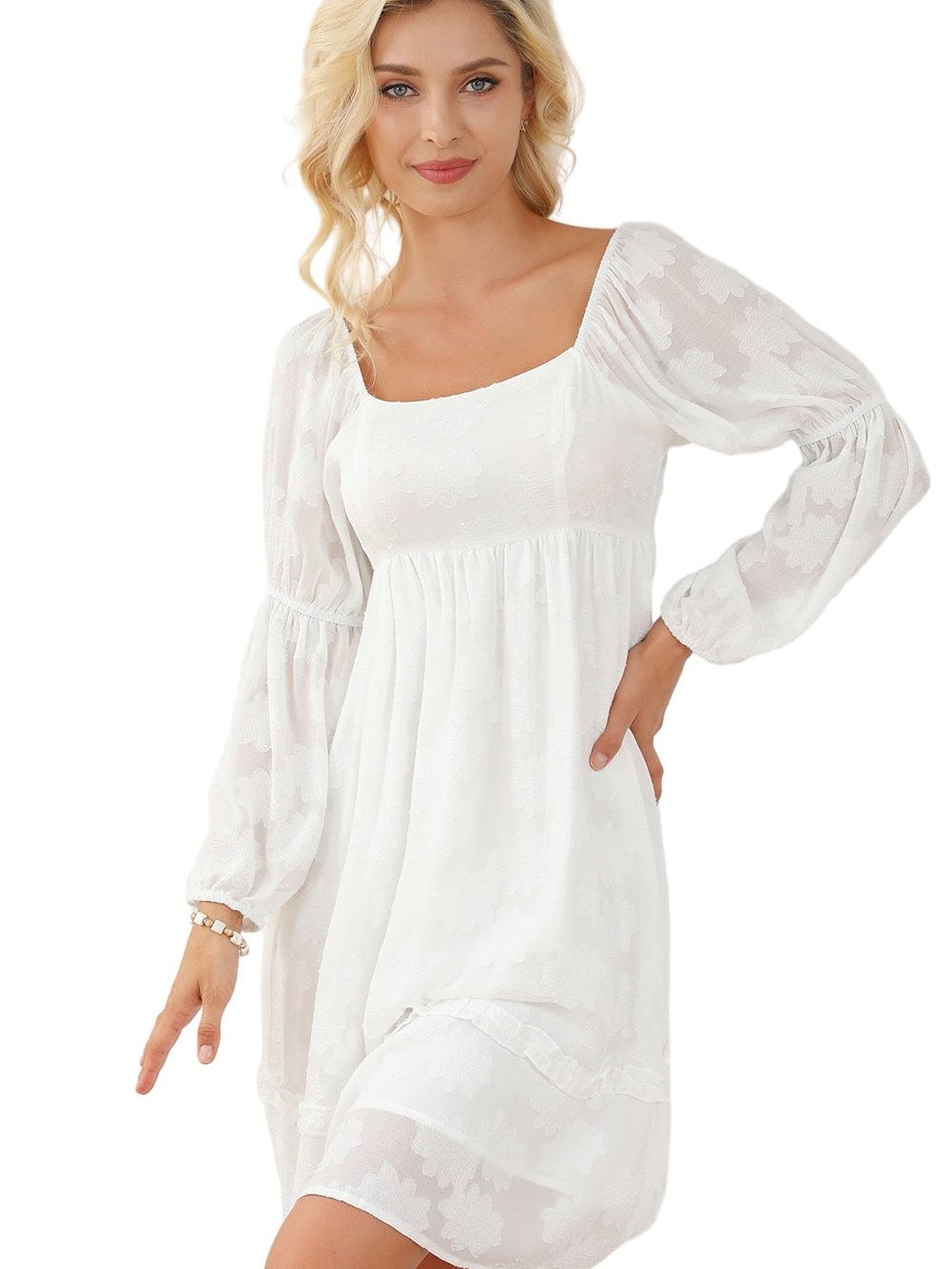 Romantic White Long Sleeve Mini Dress