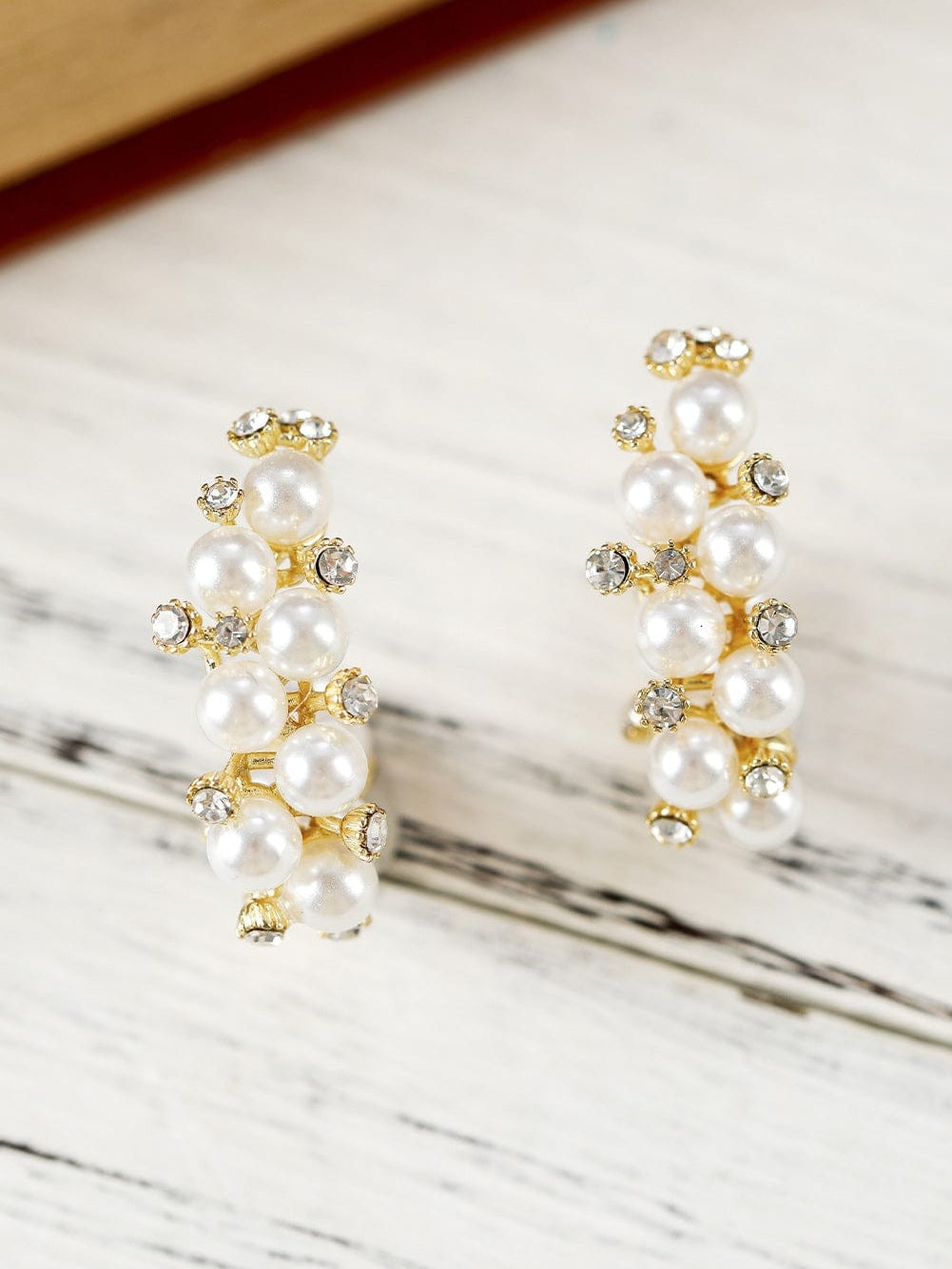 Elegant White Pearl and Rhinestone Hoop Earrings