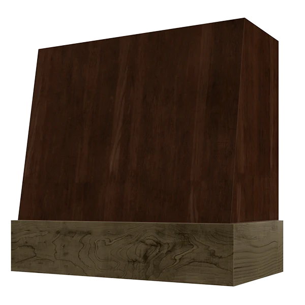 Campana extractora de madera espresso con frente en ángulo y banda de nogal: anchos disponibles de 30", 36", 42", 48", 54" y 60"