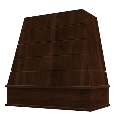 Campana extractora de madera espresso con frente de madera laminada cónica y moldura en forma de bloque: anchos disponibles de 30", 36", 42", 48", 54" y 60"