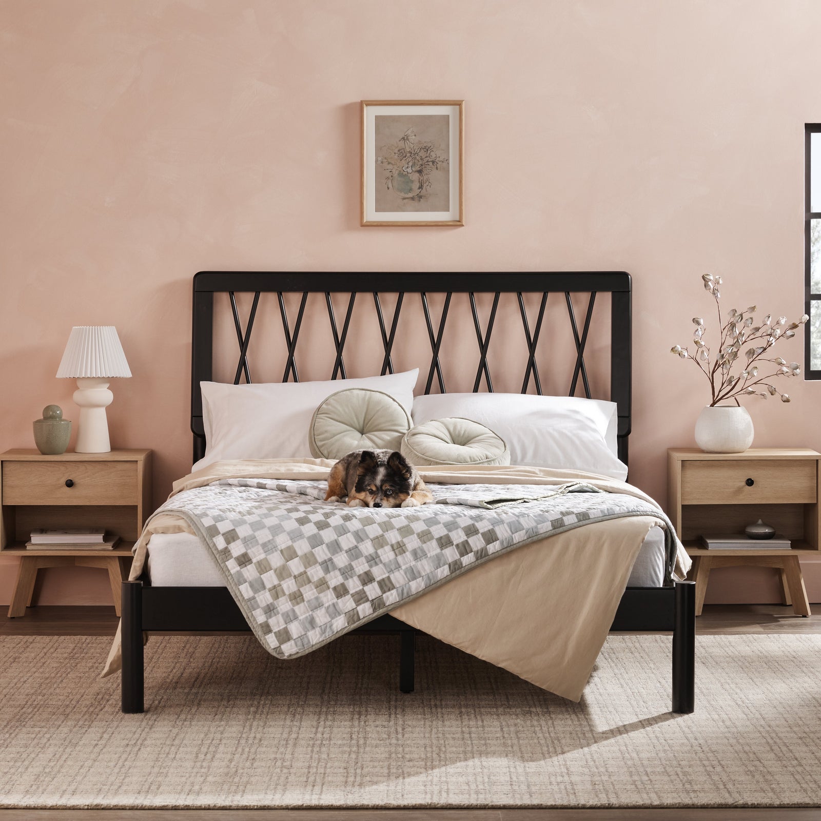 Cama de madera maciza moderna de mediados de siglo Cama X Spindle