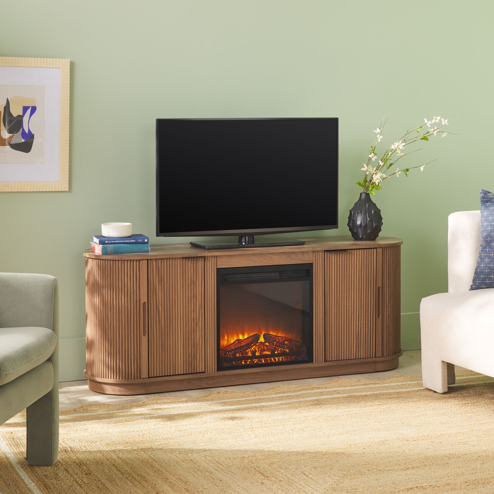 Mueble de TV con chimenea de caña escandinava moderna Chloe en 2 tamaños