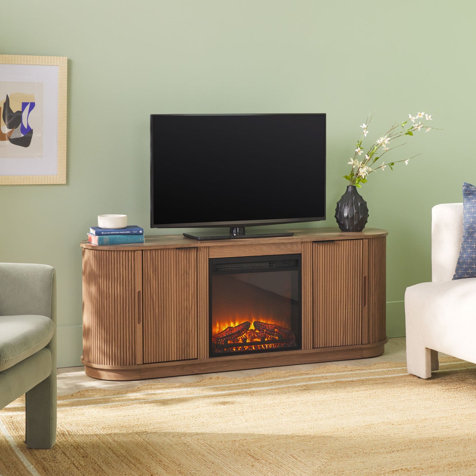 Mueble de TV con chimenea de caña escandinava moderna Chloe en 2 tamaños