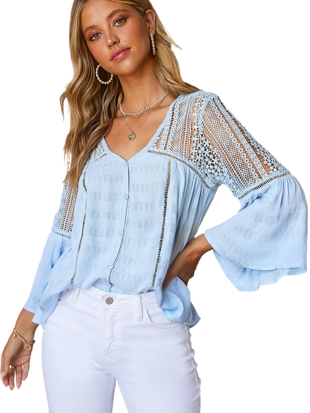 Crochet Insert Button-Down Blouse