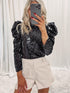 Mock Neck Sequin Top with Puff Sleeves