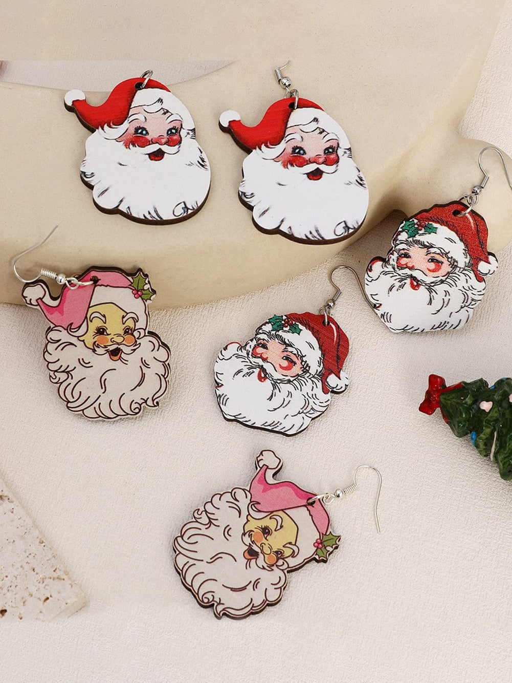 Festive Santa Claus Dangle Earrings Set of 3 White Pairs
