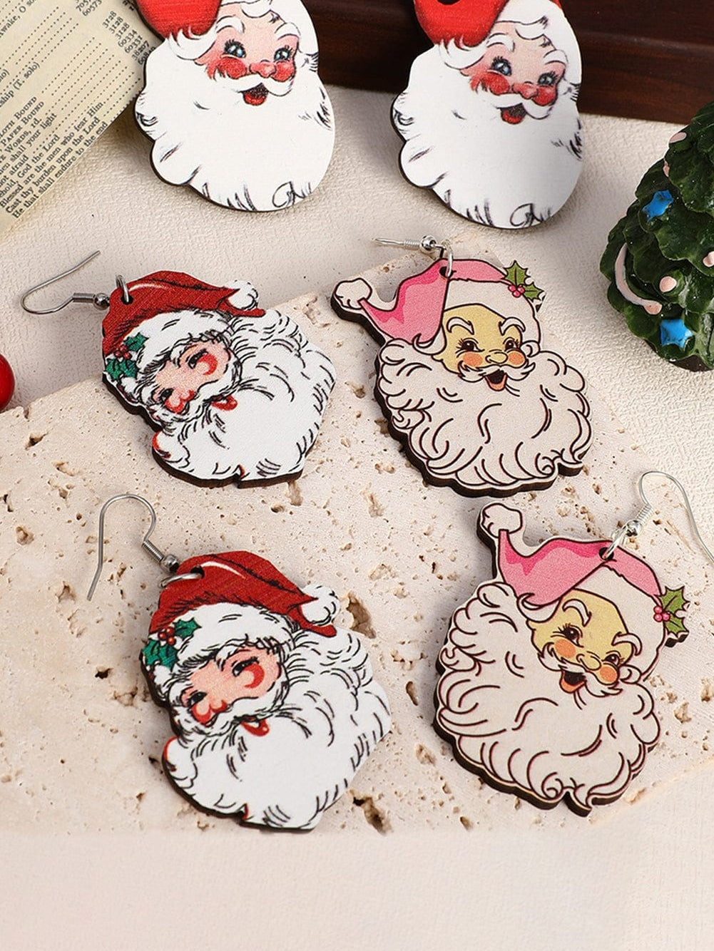 Festive Santa Claus Dangle Earrings Set of 3 White Pairs