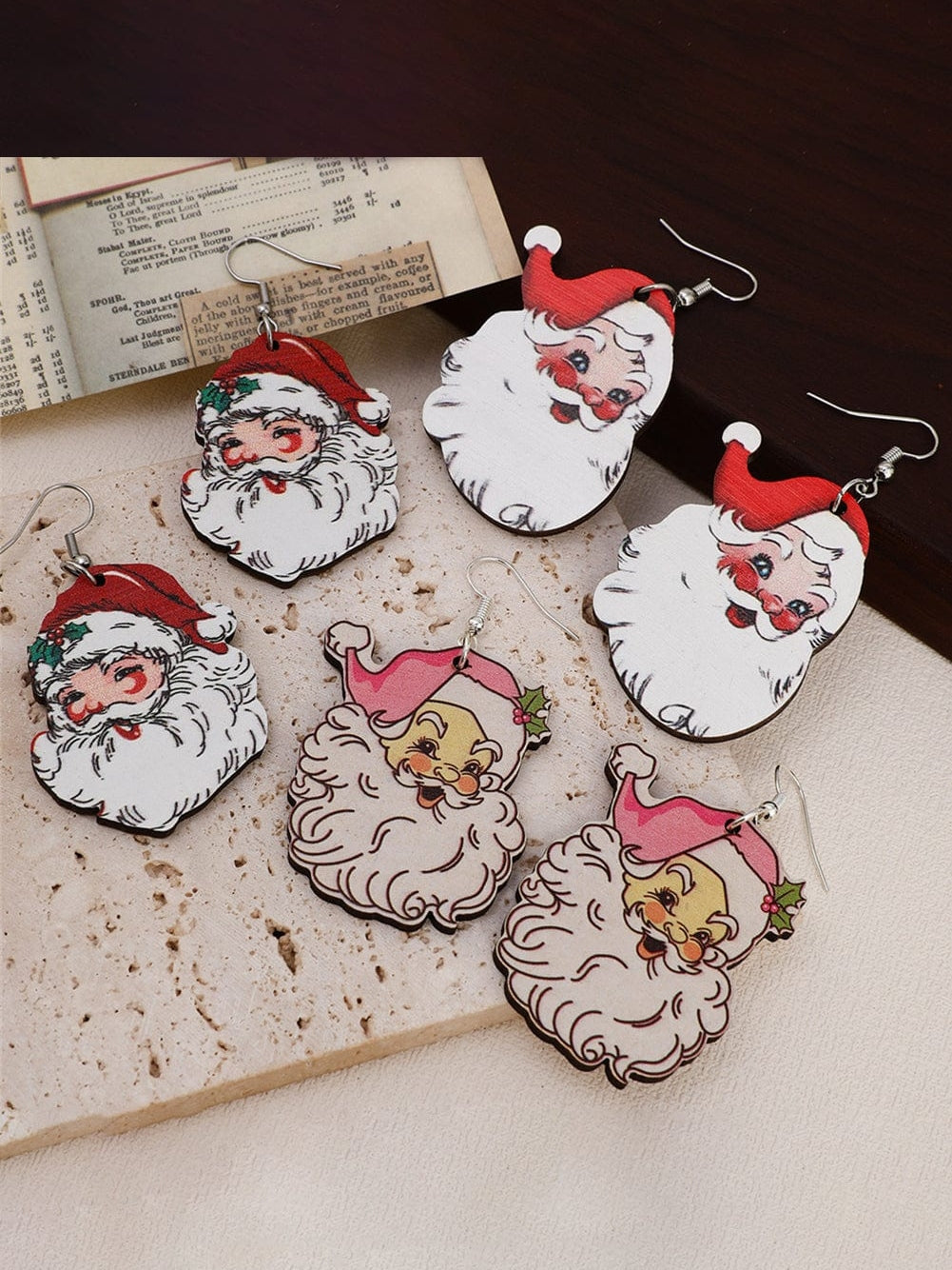 Festive Santa Claus Dangle Earrings Set of 3 White Pairs