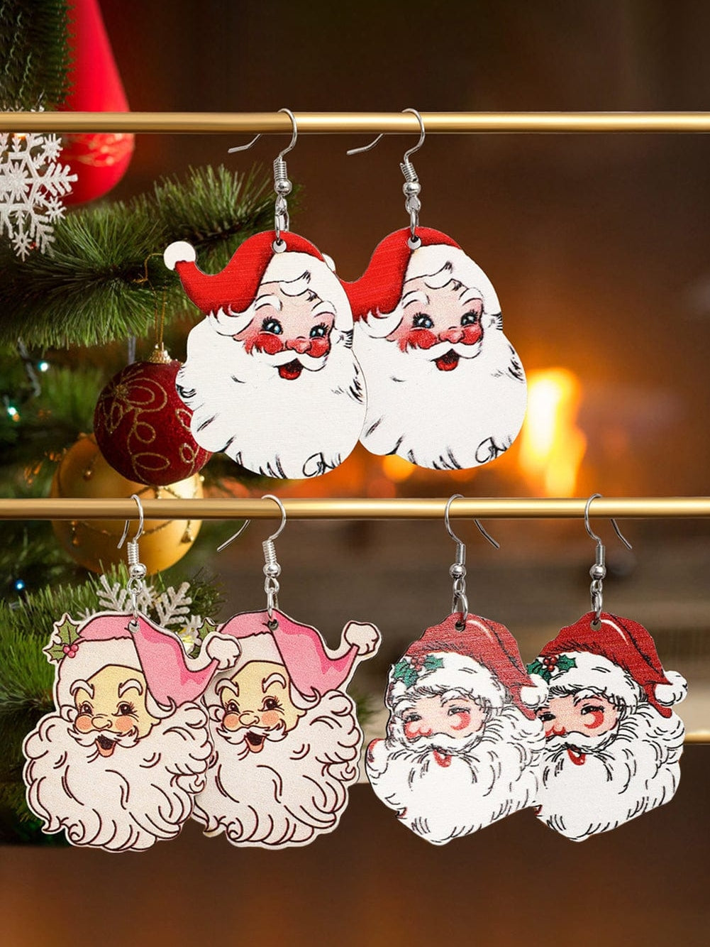 Festive Santa Claus Dangle Earrings Set of 3 White Pairs