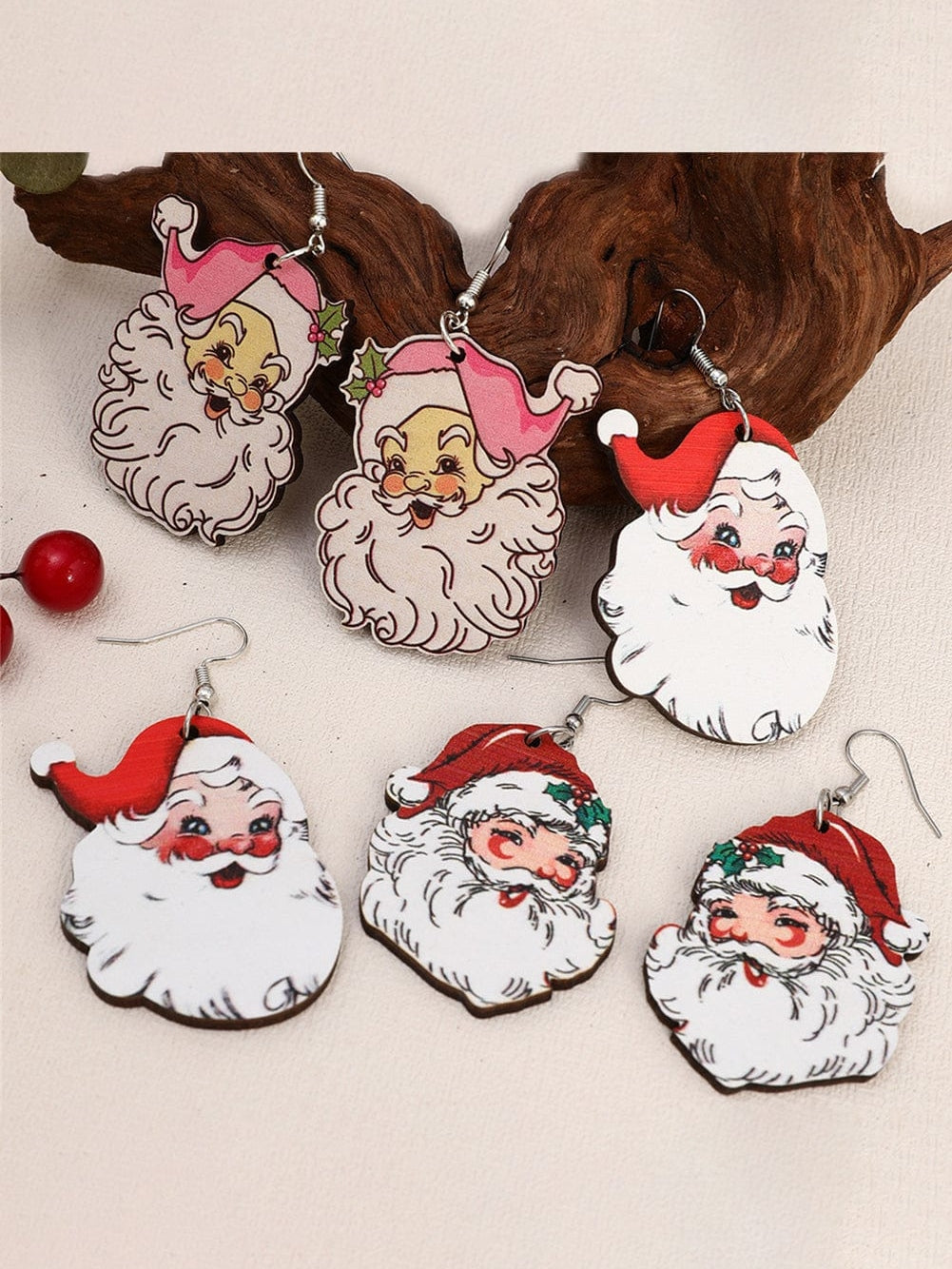 Festive Santa Claus Dangle Earrings Set of 3 White Pairs