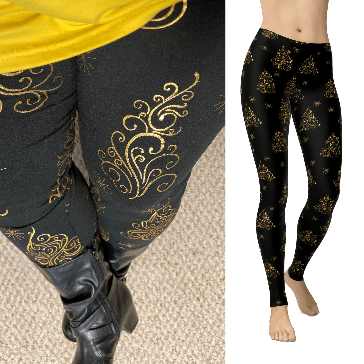 Golden Christmas Glitter Tree Leggings Holiday Trees with and Pockets