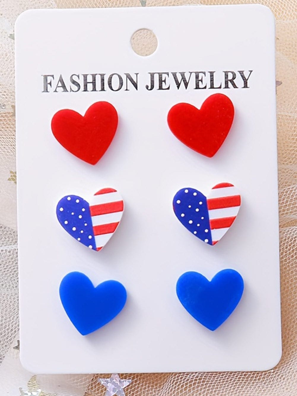 Red Heart Shaped American Flag Earrings with Sparkling Studs