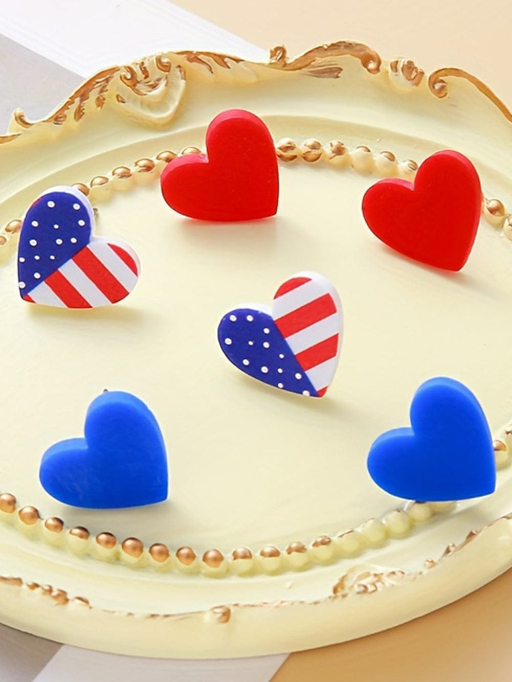 Red Heart Shaped American Flag Earrings with Sparkling Studs