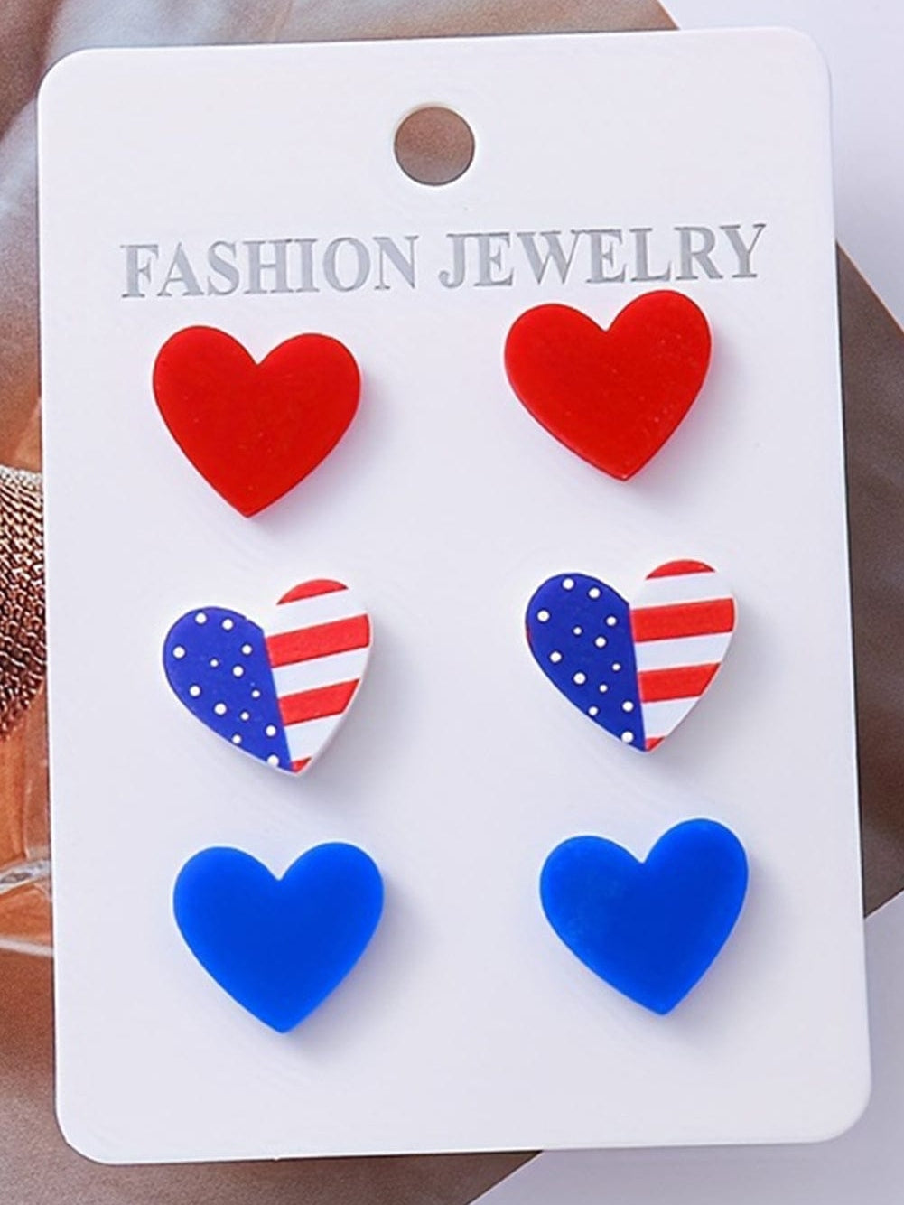 Red Heart Shaped American Flag Earrings with Sparkling Studs