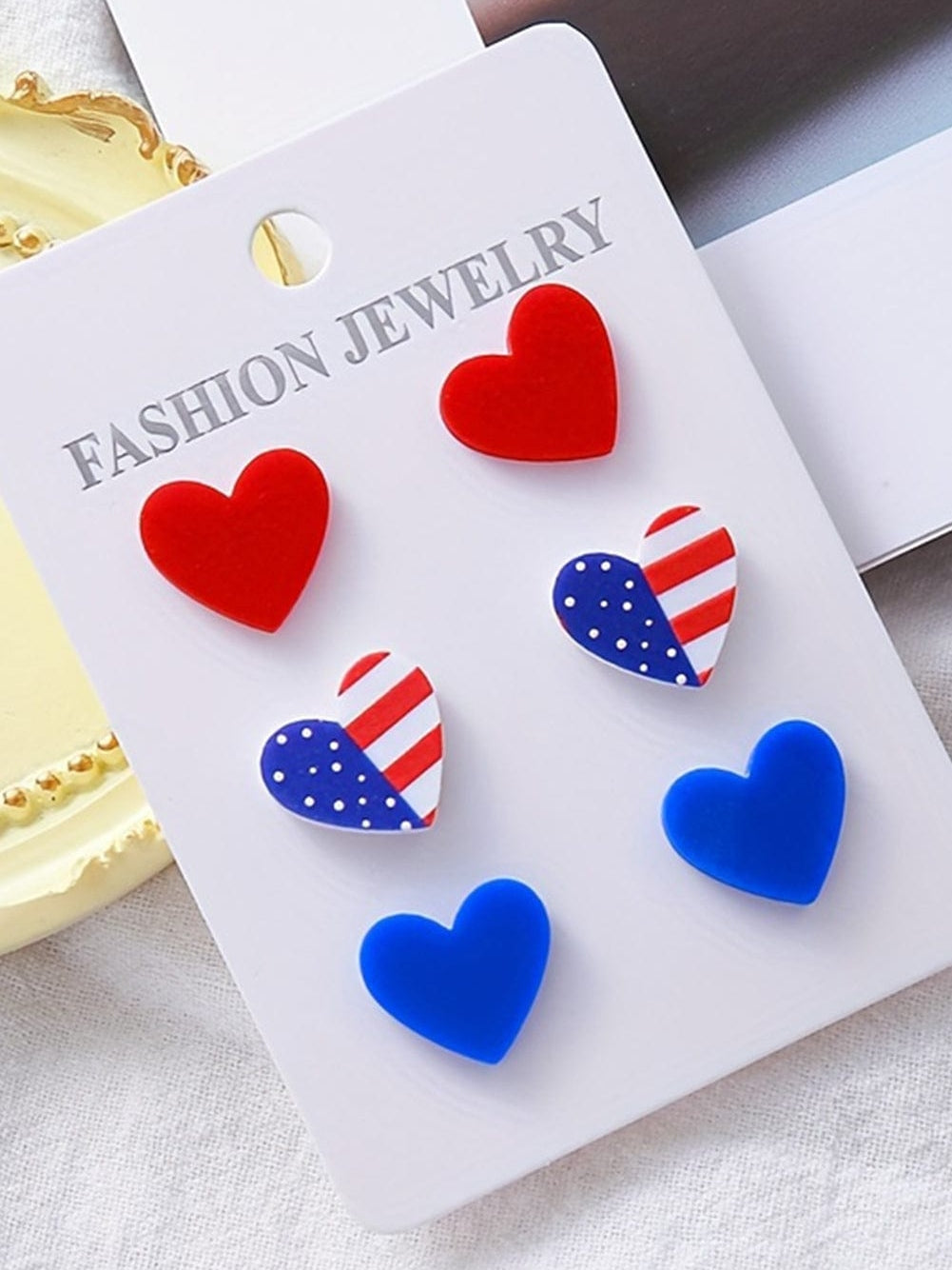 Red Heart Shaped American Flag Earrings with Sparkling Studs