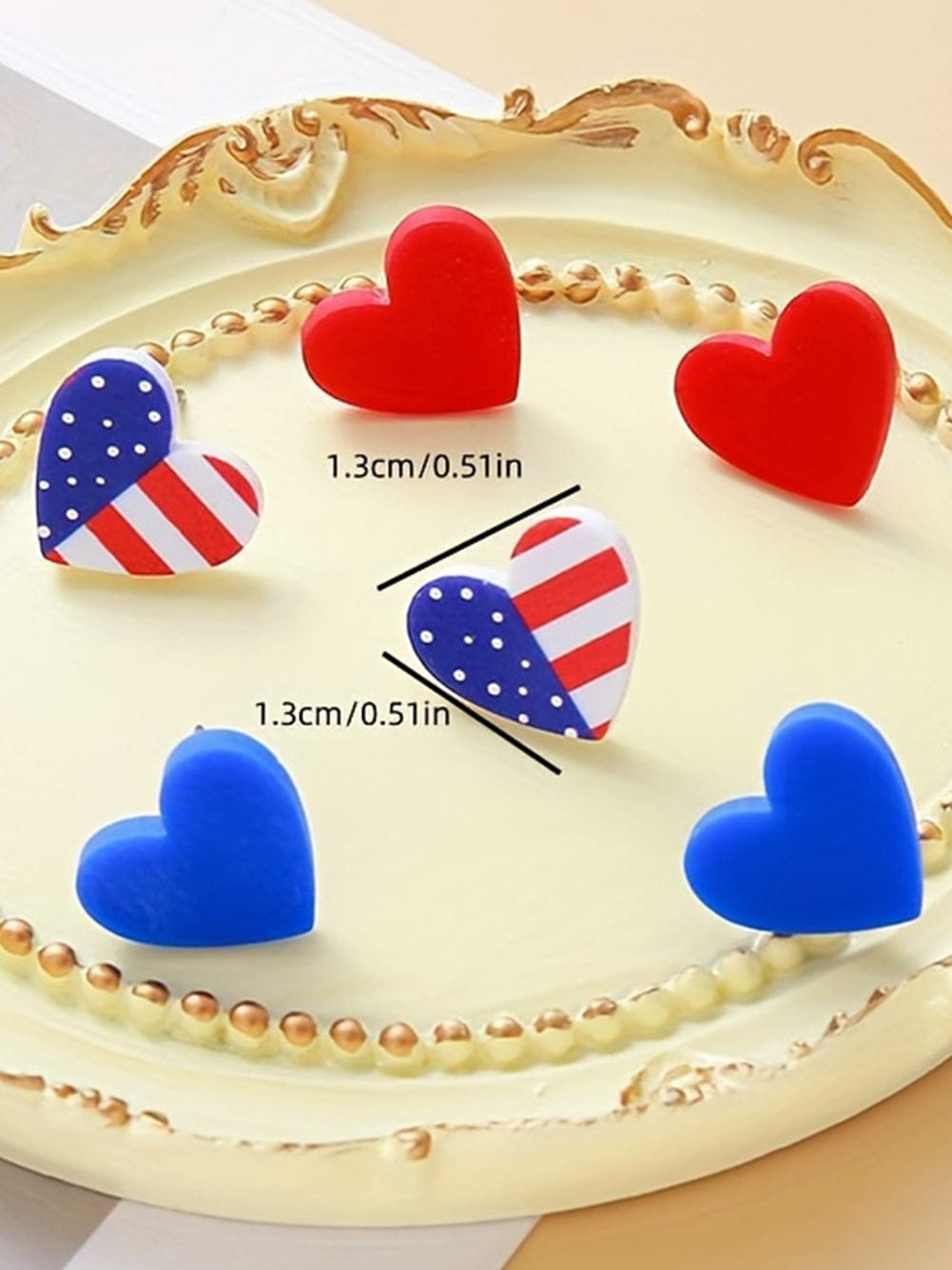Red Heart Shaped American Flag Earrings with Sparkling Studs