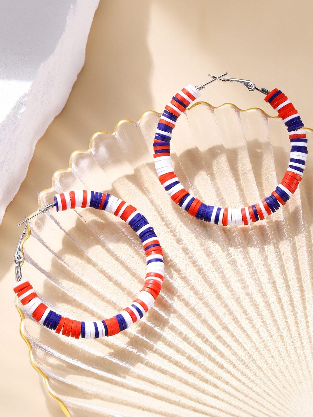 Patriotic Red White and Blue Beaded Hoop Earrings