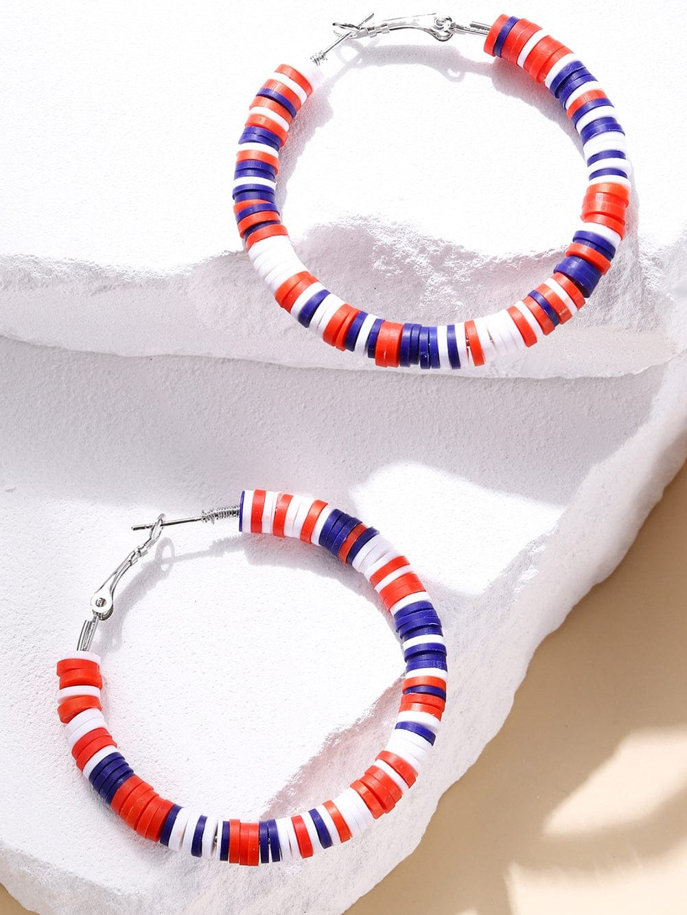 Patriotic Red White and Blue Beaded Hoop Earrings