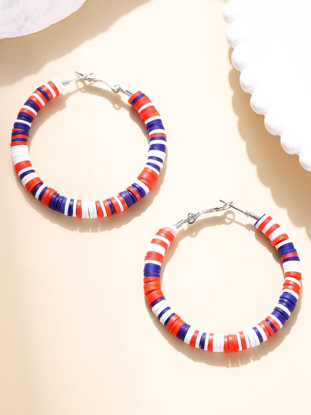 Patriotic Red White and Blue Beaded Hoop Earrings