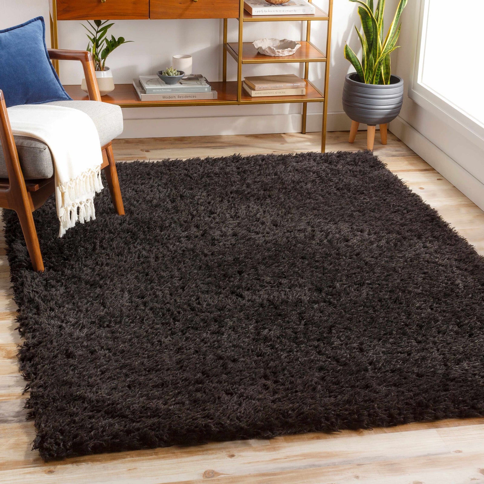 Alfombra peluda negra sólida Siari