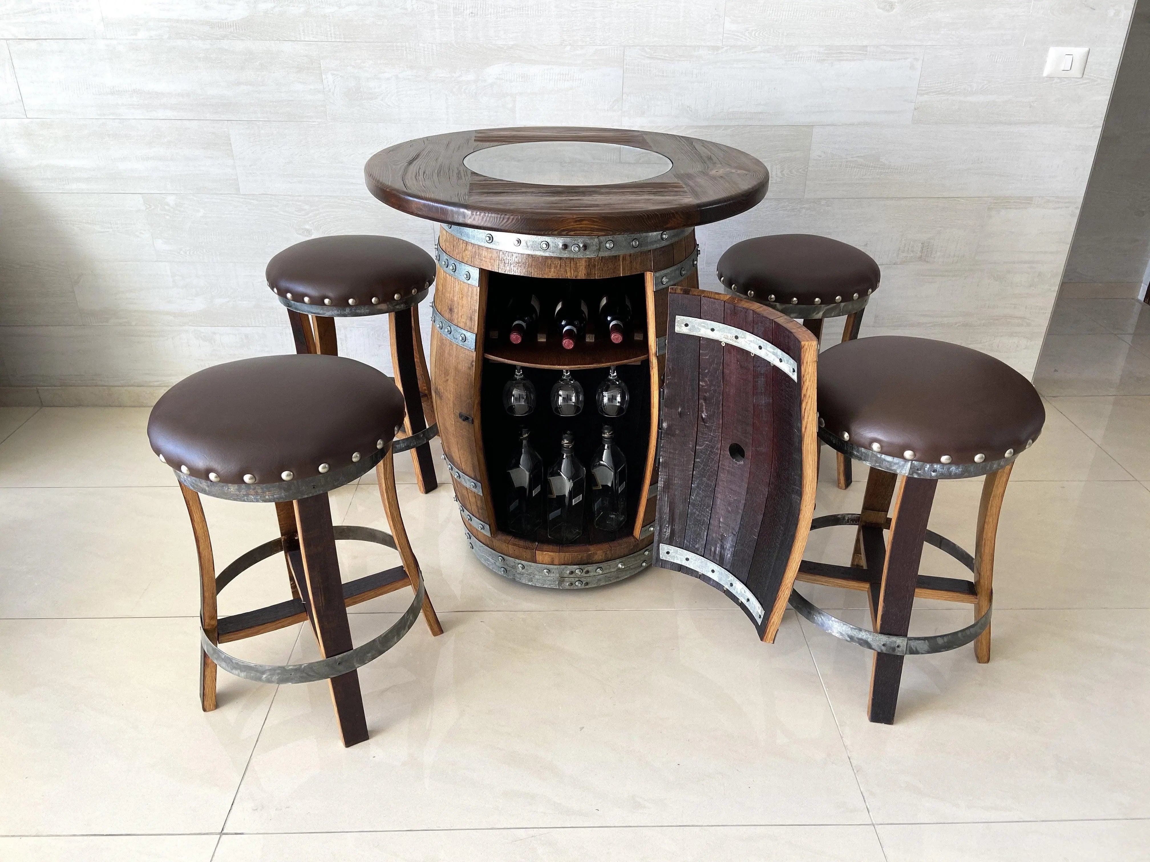 Juego de mesa de bar de roble, altura de mostrador, tablero de madera y vidrio, almacenamiento en gabinete, taburetes de bar, bar en casa, cueva de hombre - Hecho a mano en una empresa familiar