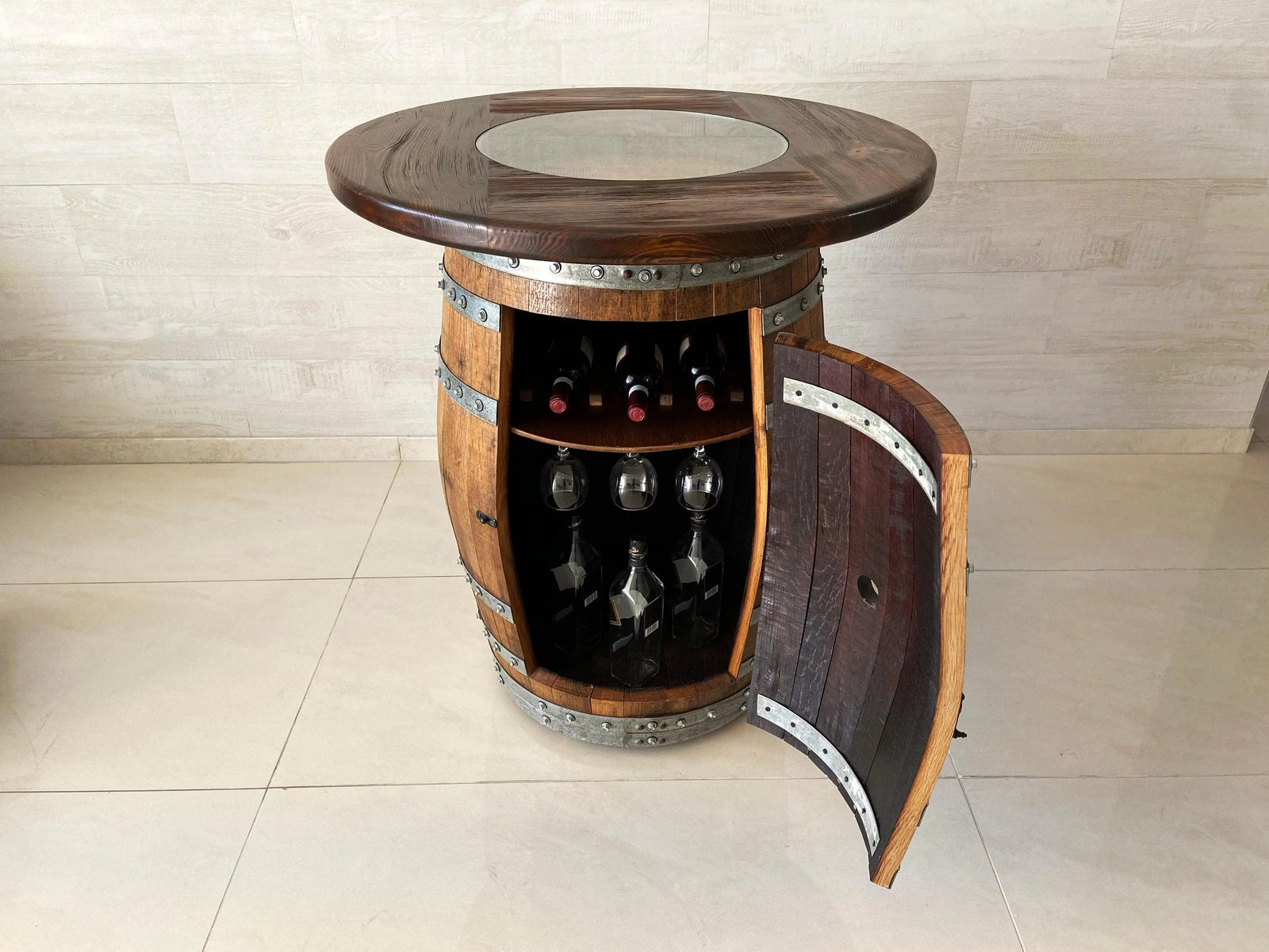 Juego de mesa de bar de roble, altura de mostrador, tablero de madera y vidrio, almacenamiento en gabinete, taburetes de bar, bar en casa, cueva de hombre - Hecho a mano en una empresa familiar