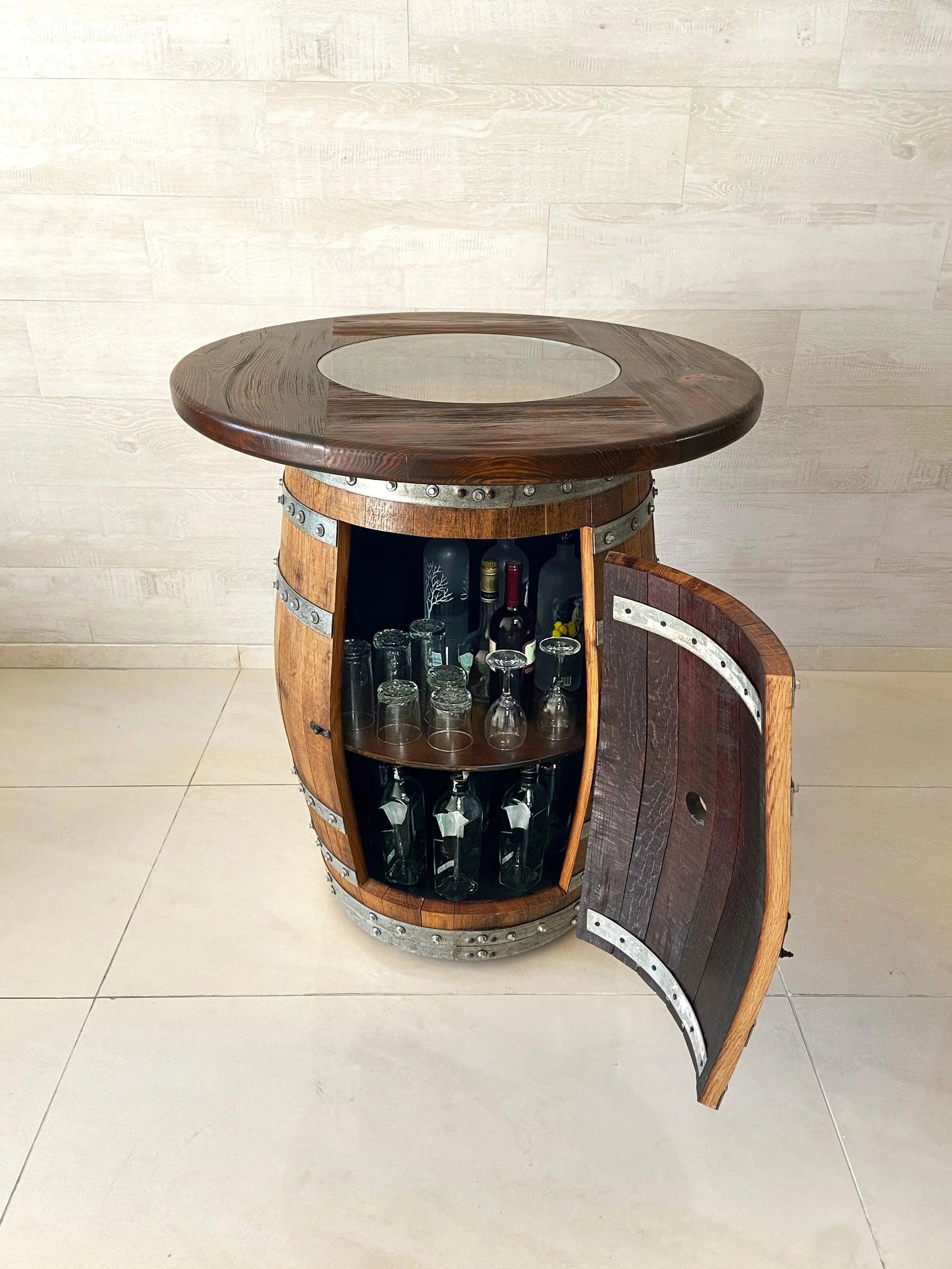 Juego de mesa de bar de roble, altura de mostrador, tablero de madera y vidrio, almacenamiento en gabinete, taburetes de bar, bar en casa, cueva de hombre - Hecho a mano en una empresa familiar