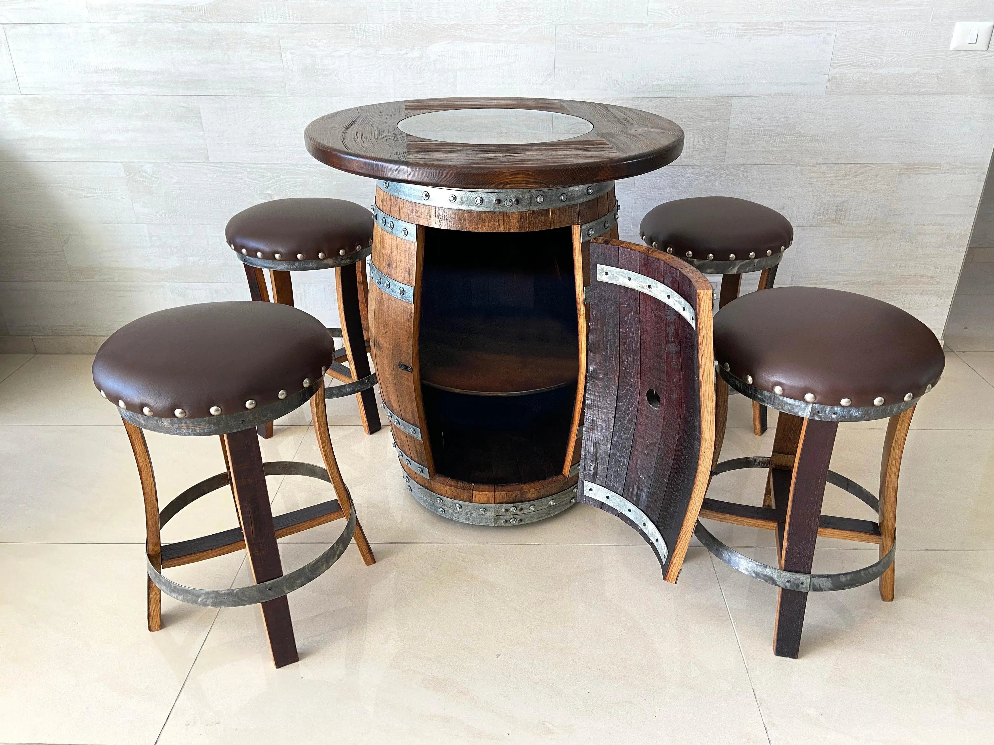 Juego de mesa de bar de roble, altura de mostrador, tablero de madera y vidrio, almacenamiento en gabinete, taburetes de bar, bar en casa, cueva de hombre - Hecho a mano en una empresa familiar