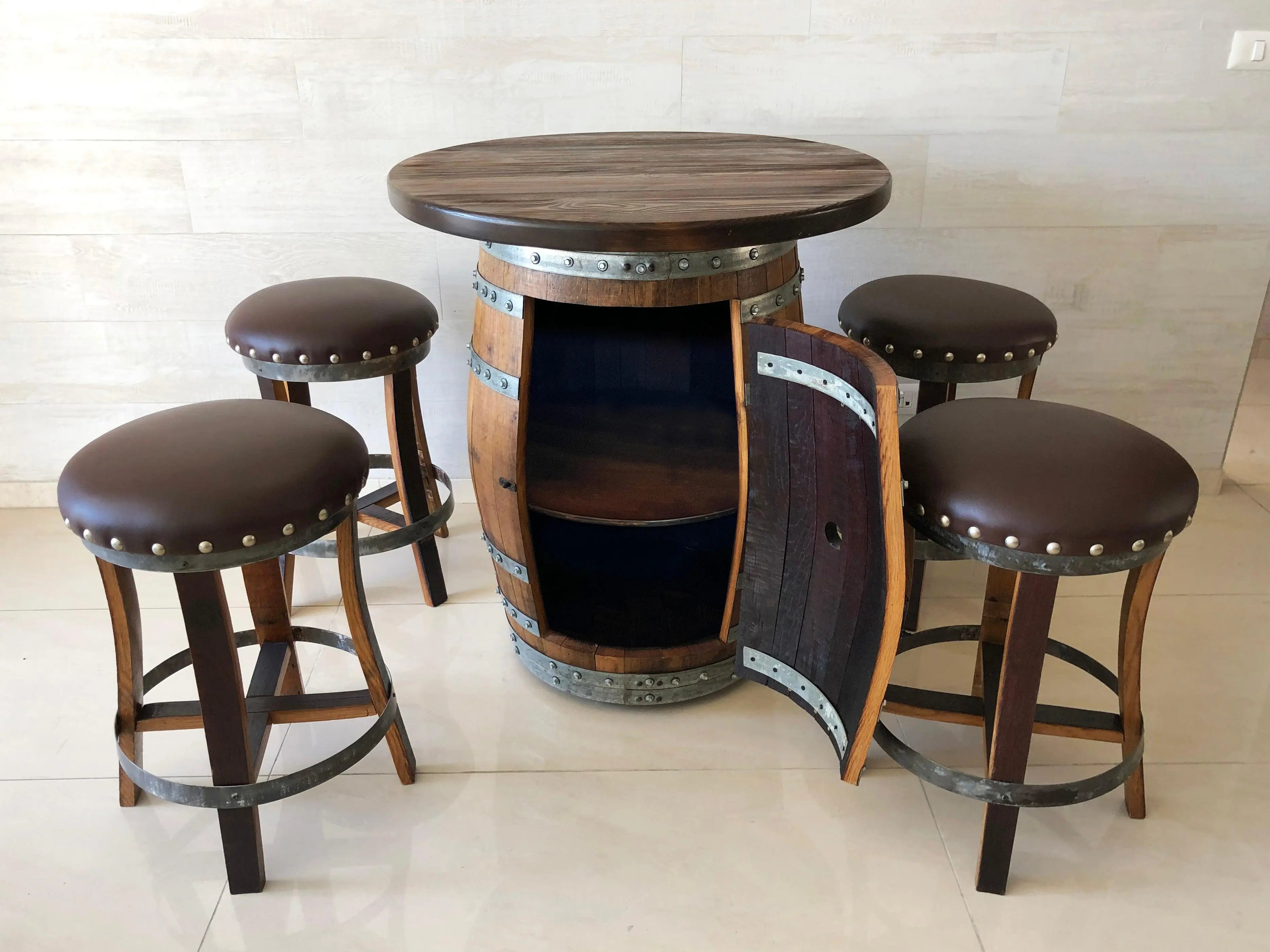Juego de mesa de bar de roble, altura de mostrador, tablero de madera y vidrio, almacenamiento en gabinete, taburetes de bar, bar en casa, cueva de hombre - Hecho a mano en una empresa familiar