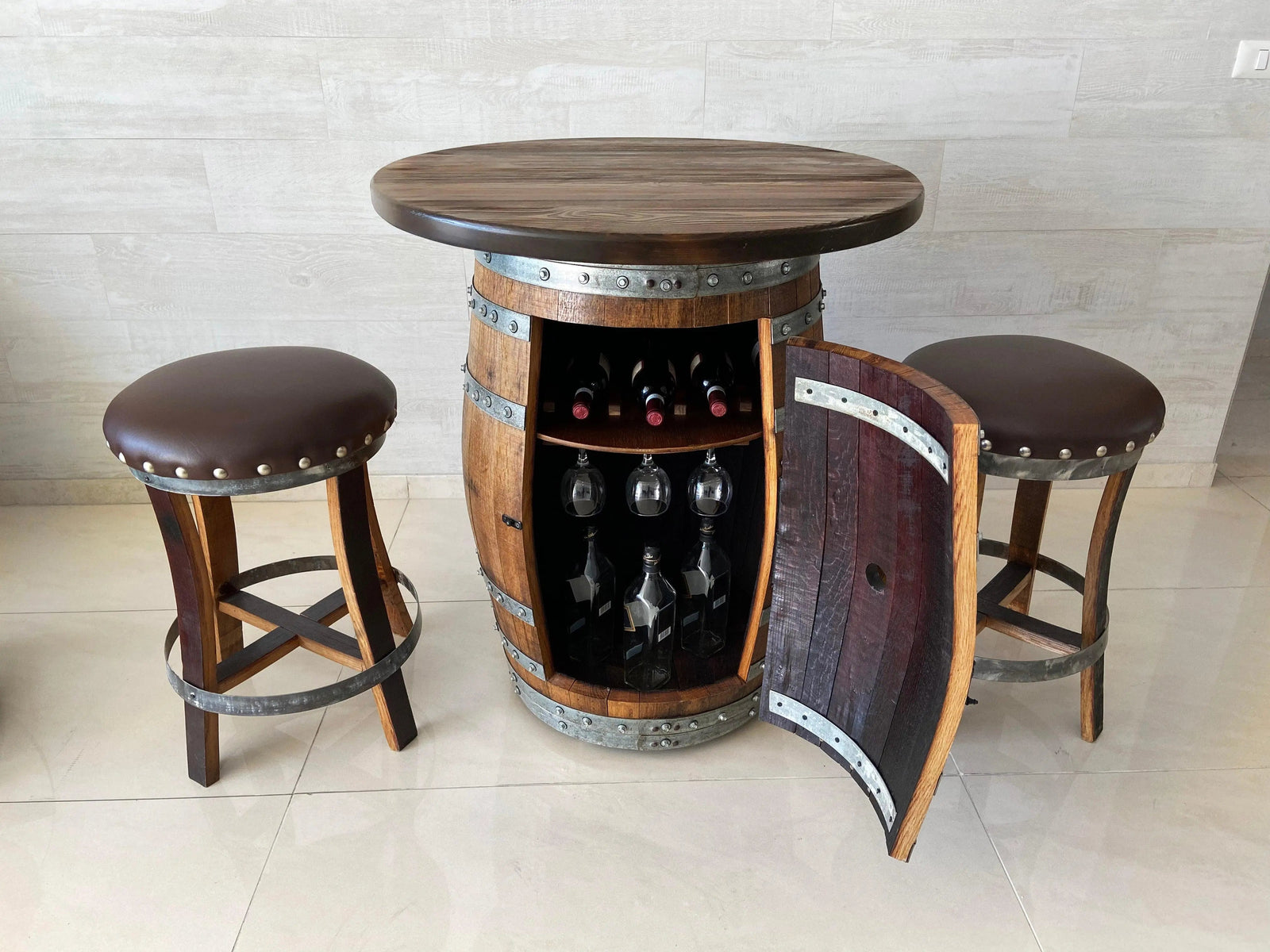 Juego de mesa de bar de roble, altura de mostrador, tablero de madera y vidrio, almacenamiento en gabinete, taburetes de bar, bar en casa, cueva de hombre - Hecho a mano en una empresa familiar