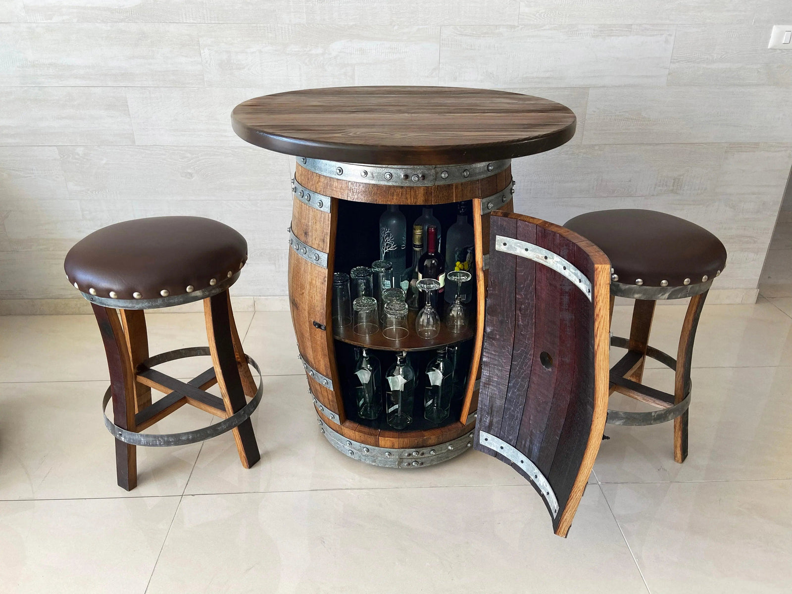 Juego de mesa de bar de roble, altura de mostrador, tablero de madera y vidrio, almacenamiento en gabinete, taburetes de bar, bar en casa, cueva de hombre - Hecho a mano en una empresa familiar