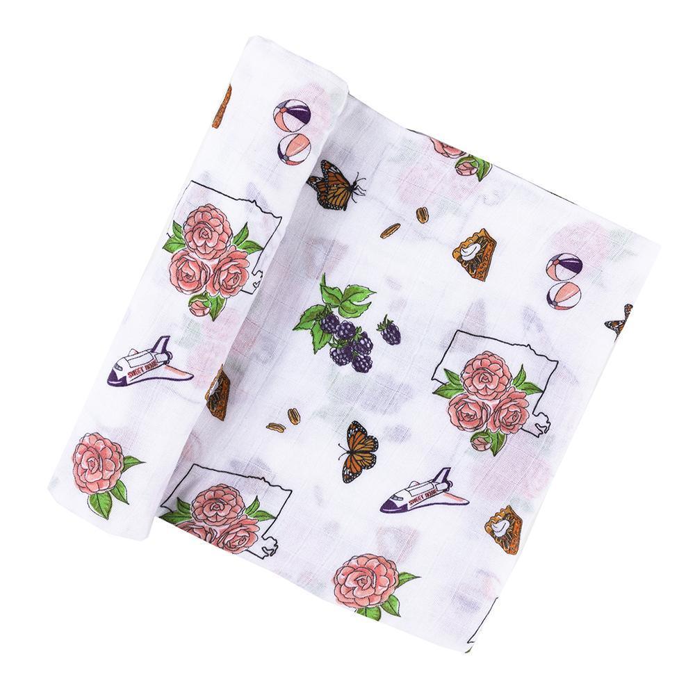 Conjunto de regalo: manta de muselina para bebé con diseño floral de Alabama y babero/paño para eructar combinado