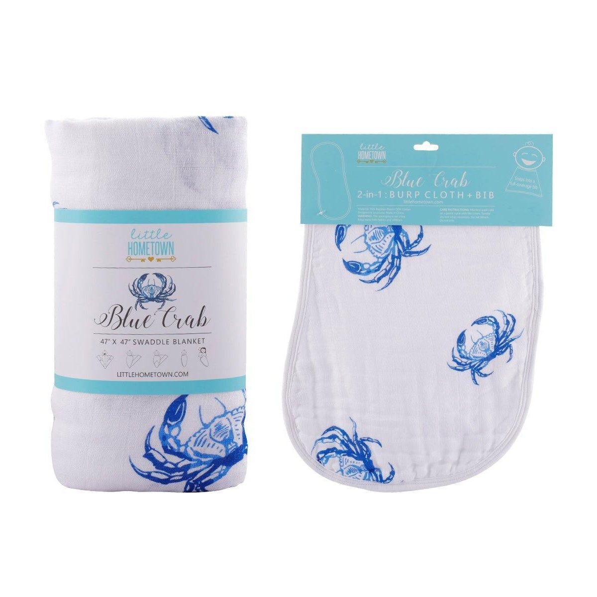 Conjunto de regalo: manta de muselina para bebé Blue Crab y paño eructador/babero combinado