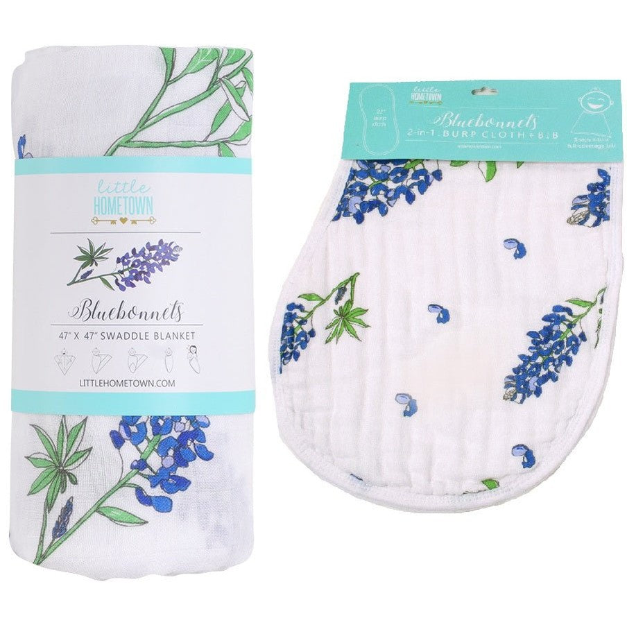 Conjunto de regalo: manta de muselina para bebé Bluebonnets y paño eructador/babero combinado