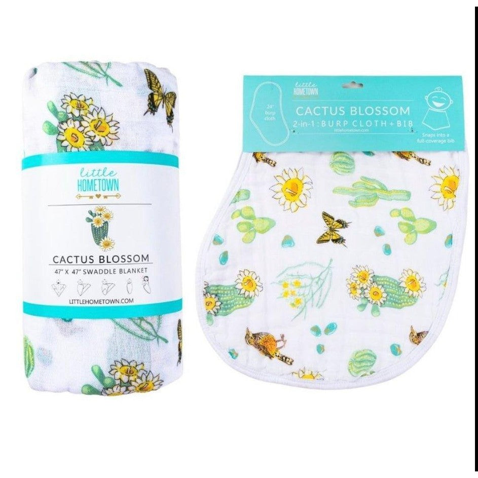 Conjunto de regalo: manta de muselina para bebé Cactus Blossom y babero/eructo combinado