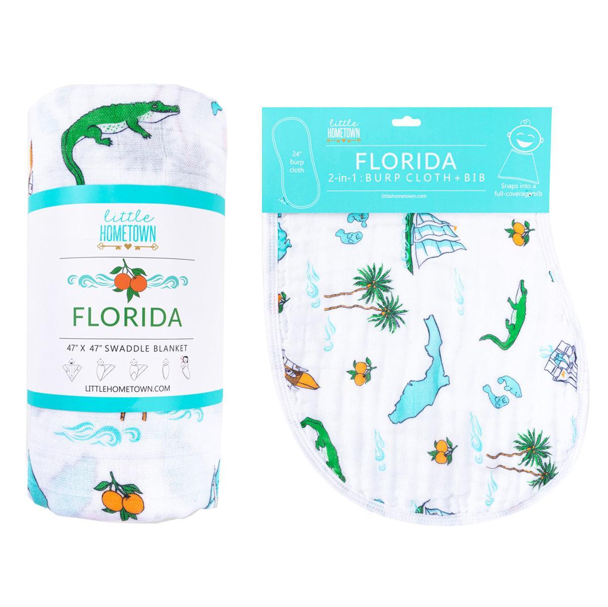Conjunto de regalo: manta de muselina para envolver al bebé y paño eructador/babero combinados de Florida Baby