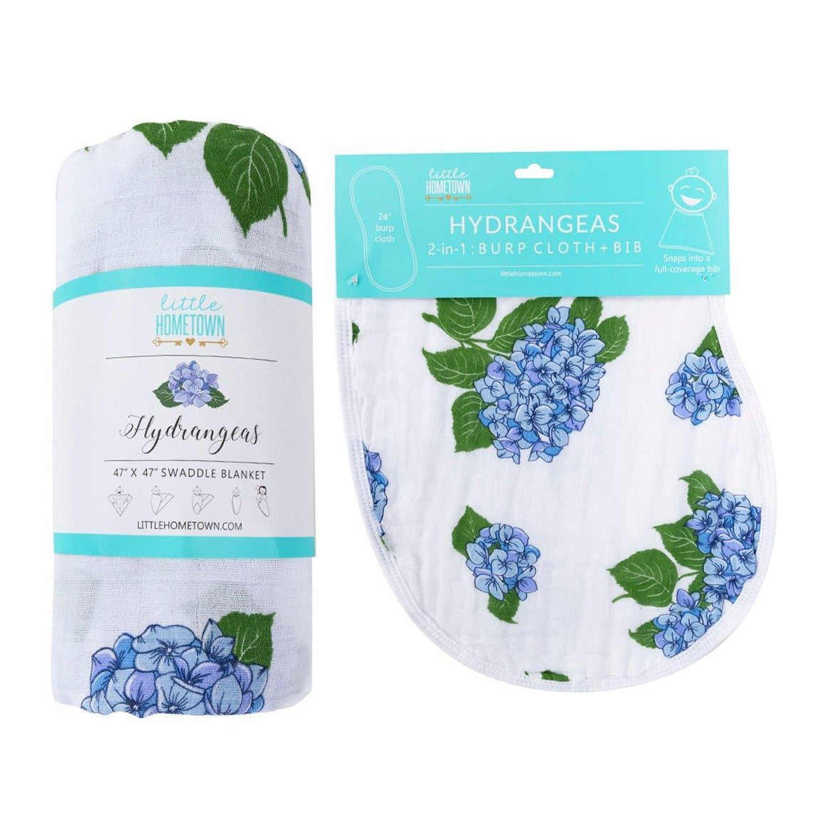 Conjunto de regalo: manta de muselina para bebé con hortensias y babero/paño para eructar combinado