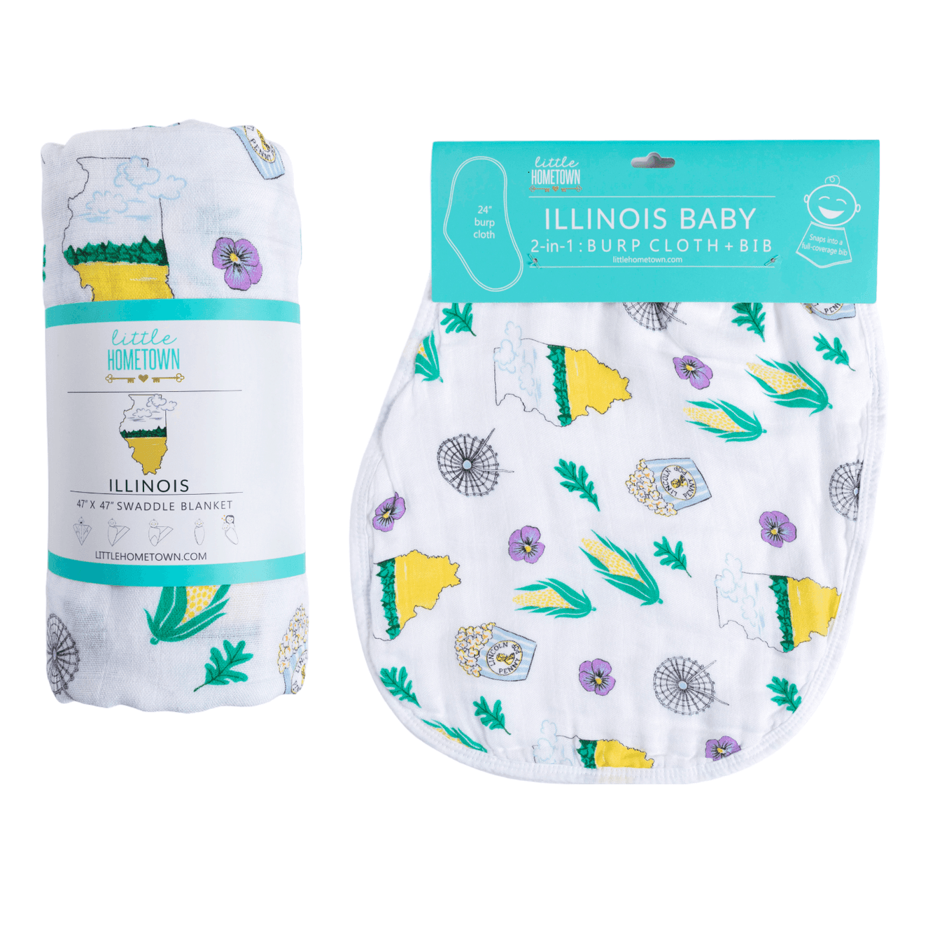 Conjunto de regalo: manta de muselina para bebé de Illinois y paño para eructar/babero combinado