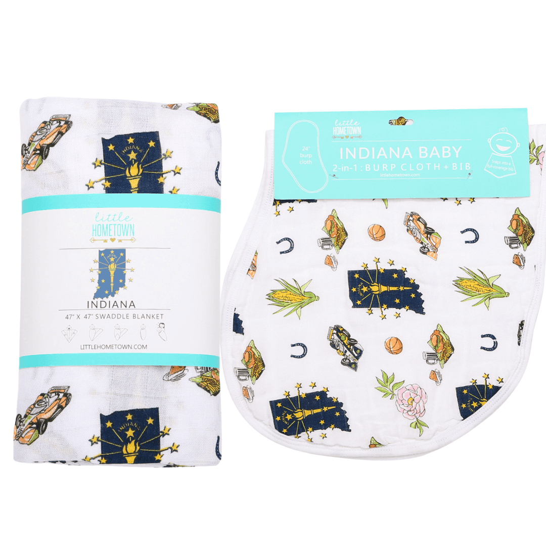 Conjunto de regalo: manta de muselina para envolver al bebé y paño eructador/babero combinados de Indiana Baby