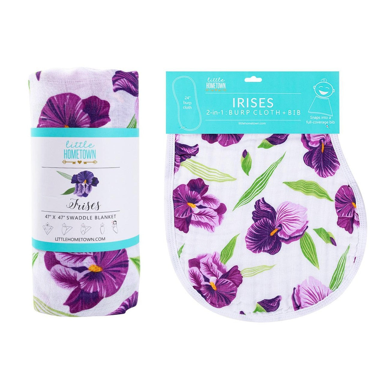 Conjunto de regalo: manta de muselina para bebé Irises y paño eructador/babero combinado