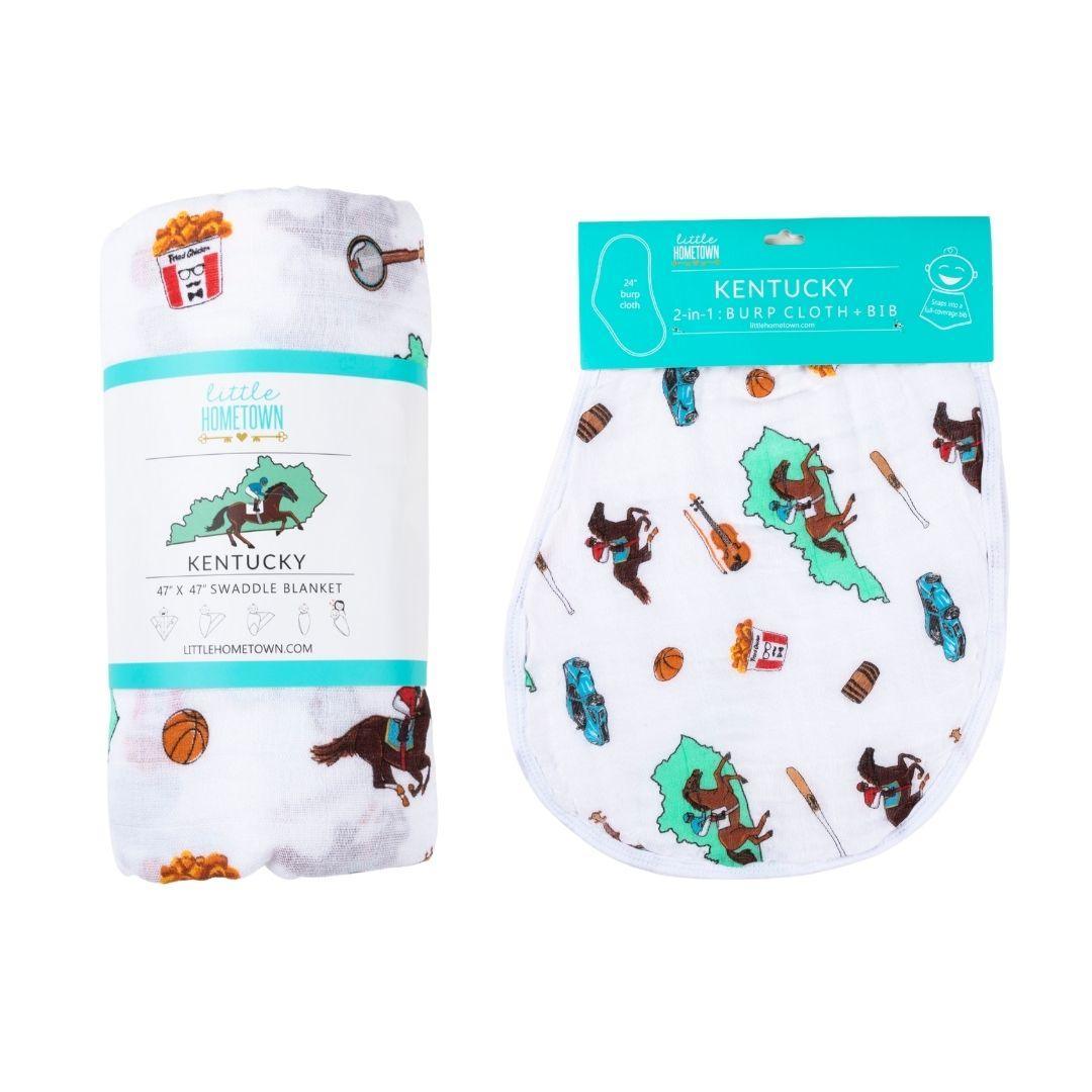 Conjunto de regalo: manta de muselina para envolver al bebé y paño para eructar/babero combinados de Kentucky Baby