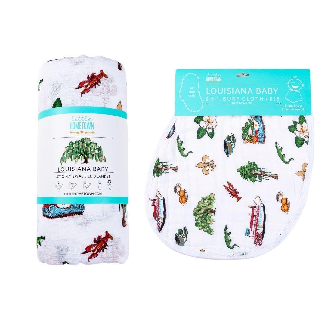 Conjunto de regalo: manta de muselina para envolver al bebé y paño eructador/babero combinados de Louisiana Baby