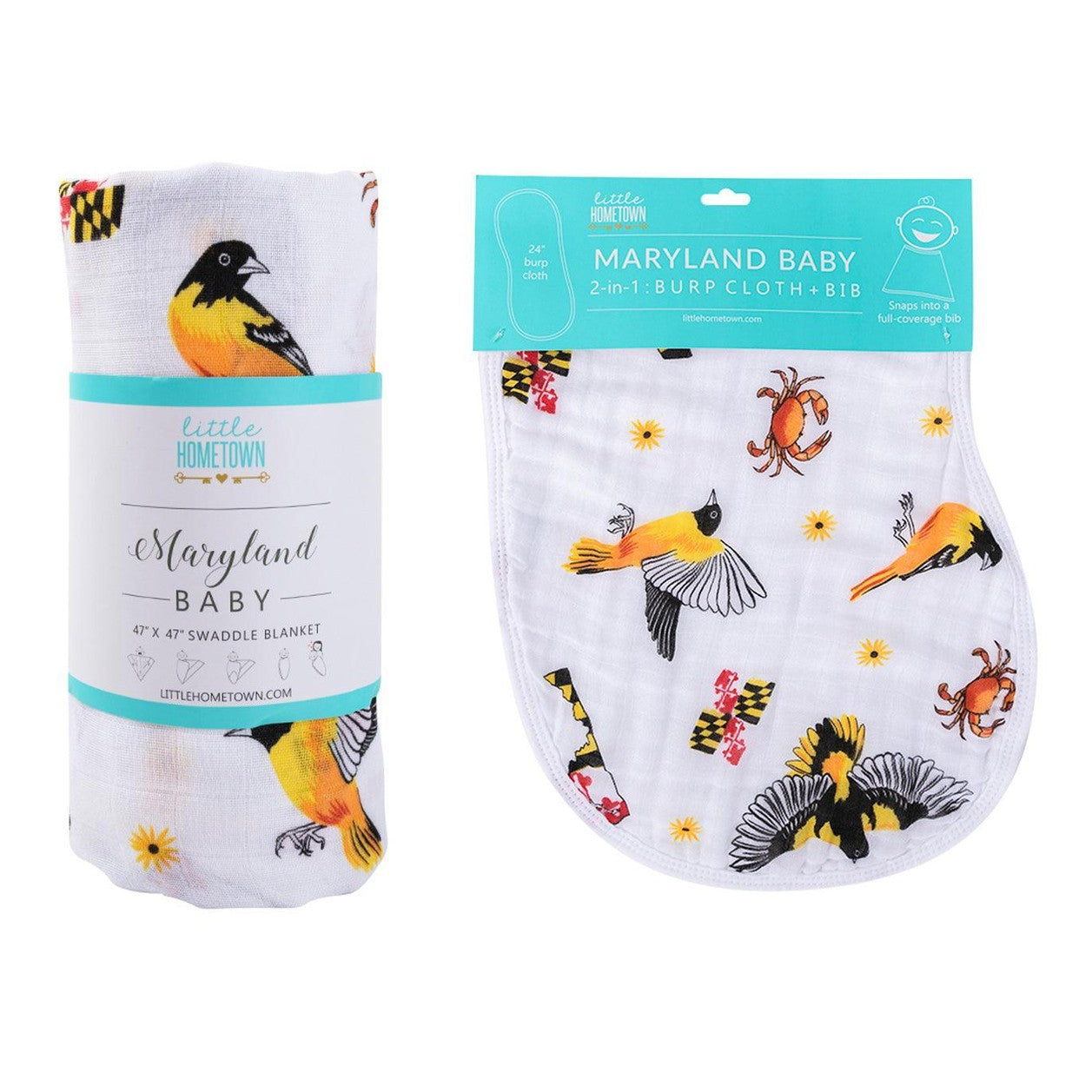 Conjunto de regalo: manta de muselina para envolver al bebé y paño eructador/babero combinados de Maryland Baby
