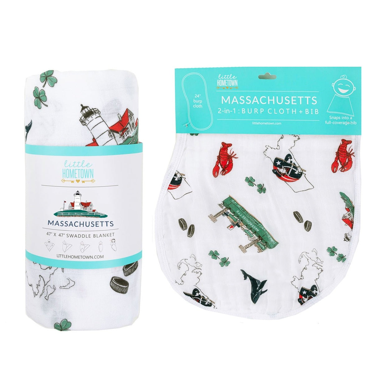 Conjunto de regalo: manta de muselina para envolver al bebé y paño para eructar/babero combinados de Massachusetts Baby