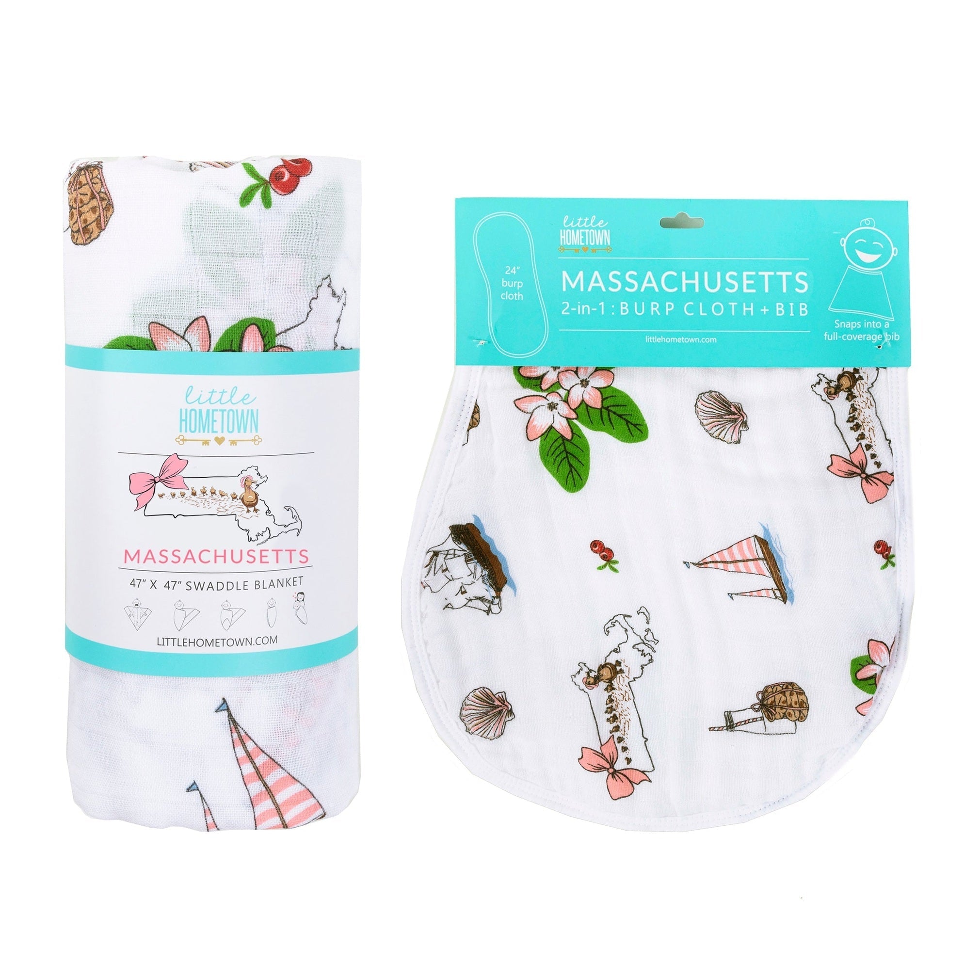 Conjunto de regalo: manta de muselina para bebé con diseño floral de Massachusetts y babero/paño para eructar