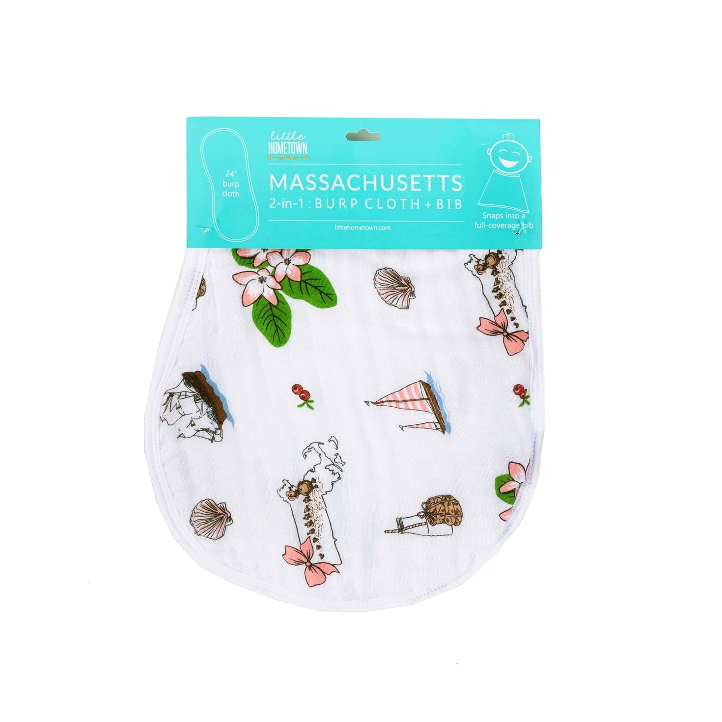 Conjunto de regalo: manta de muselina para bebé con diseño floral de Massachusetts y babero/paño para eructar