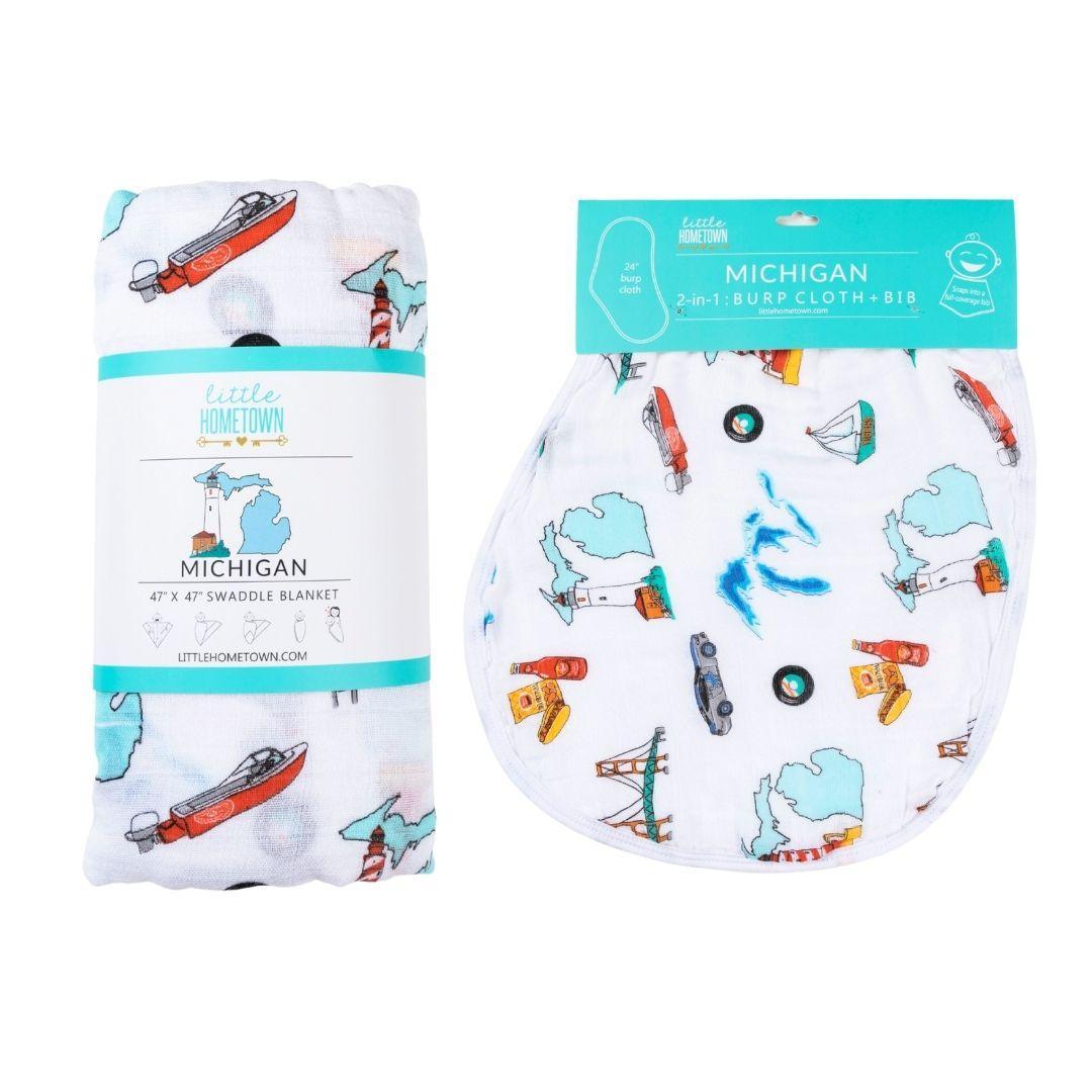 Conjunto de regalo: manta de muselina para envolver al bebé y paño para eructar/babero combinado de Michigan Baby