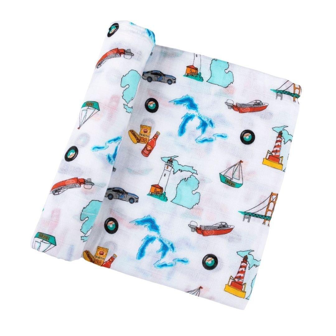 Conjunto de regalo: manta de muselina para envolver al bebé y paño para eructar/babero combinado de Michigan Baby